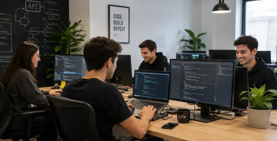 Xrosshire team collaborating at a shared desk